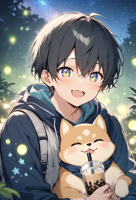 Holding a Shiba Inu, , His eyes lit up when he saw the bubble tea, :3, His happy face, so cute、Starry sky forest night fireflies