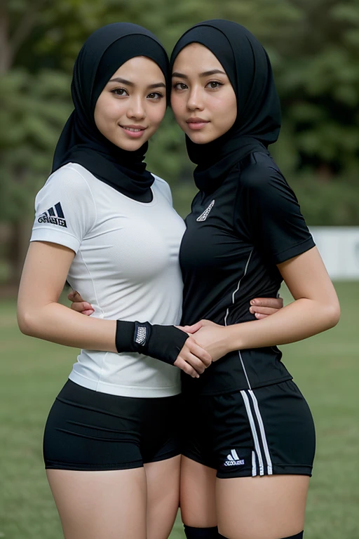 RAW, Best quality, high resolution, Masterpiece: 1.3), Beautiful malay woman in adidas sports outfit wearing bawal style hijab, non naked, wearing jersey outfit, ((2 females, lesbians, grabbing each others breasts, groping breasts)), flawless face, cute fa...