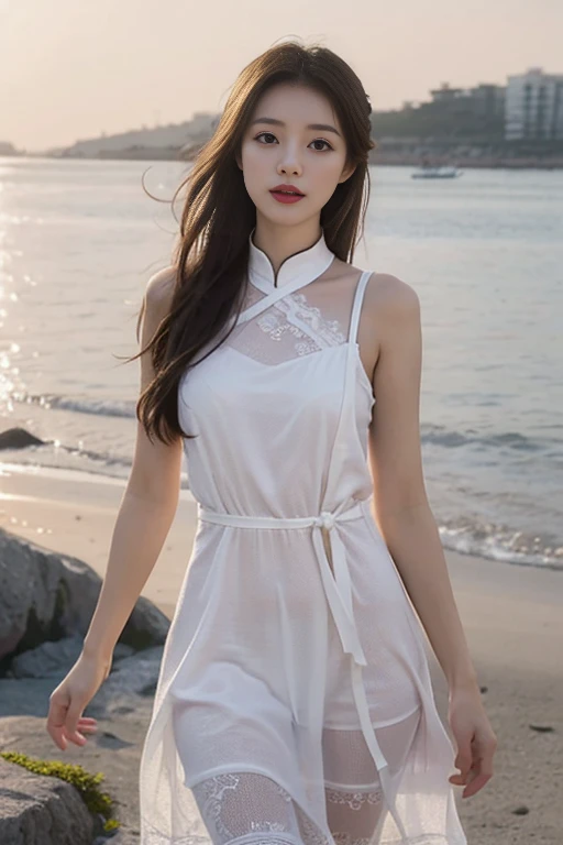 1 Girl,seaside,Soft Light,Chinese Beauty,Suspender dress