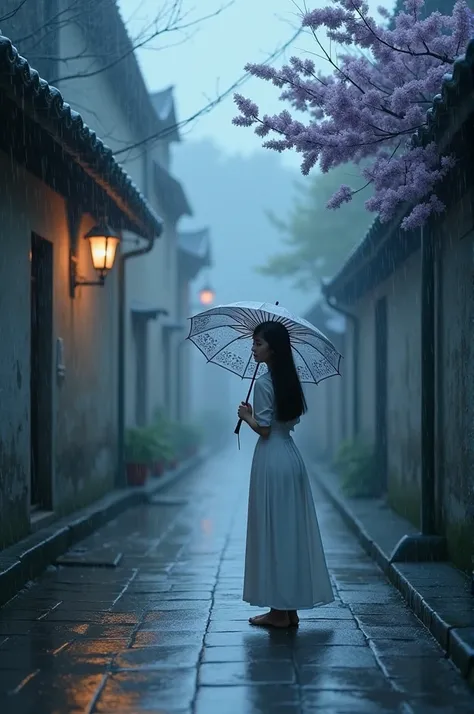 Ambience：
 
- Long Rain Alley，The bluestone road is wet，The walls are mottled，Ancient and quiet。
- Drizzling，Like a thread，permeating the air，Create a hazy atmosphere。
- Gray-blue sky，Dark clouds hanging low，It gives people a depressing and poetic feeling。...