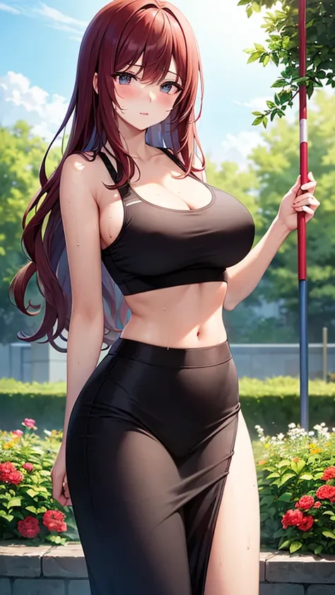 masterpiece, best quality, high detail, beautiful woman, solo focus, long wavy hair, dark red hair, large bust, (sports bra), (black maxi pencil skirt), tight skirt, midriff, wide hips, looking at viewer, lower body, full-face blush, garden, summer, cloudy...