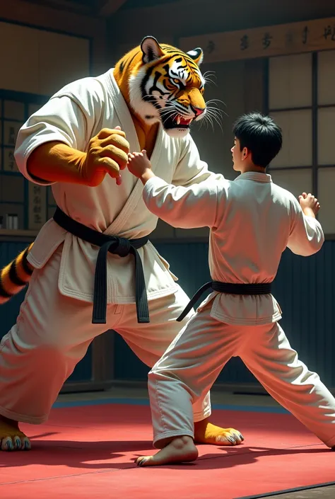 Crie uma imagem hiper-realista e vibrante de um tigre em um karate uniform lutando contra um homem em um dojo tradicional japonês. o Tigre, with an imposing height and a powerful posture, is dressed in a gi (karate uniform) offwhite, precisely fitted and a...