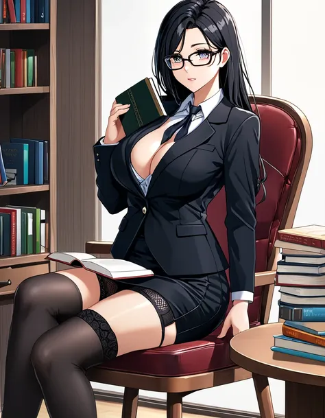 Highest quality、1 female 30-year-old、female teacher、Black Hair、Long Hair、Dark Eyes、Big Breasts、Black suit、Parted bangs、Pencil Skirt、garter belt、Knee-high socks、Cleavage、clavicle、Expressionless、Sit on a chair、I read a book、Square rimless glasses