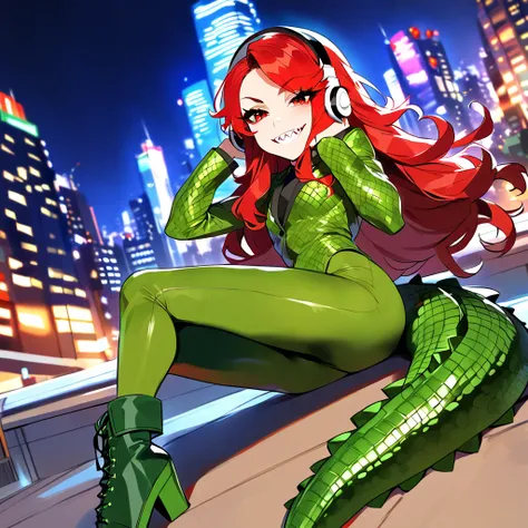 solo, superhero, pretty girl, girl in dark green suit, green combat boots, sharp teeth, confident smile, red eyes, messy hair, long hair, fluffy hair, crocodile suit, tight bodysuit, white headphones, headphones connected with the suit, cheerful, young, ha...