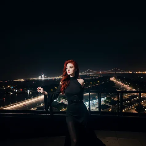 Woman in black dress overlooking city at night, Overlooking the modern city, looking at the city, looking at the city, Graceful woman in black dress, Wearing elegant dresses, Looking out, city in background, Beautuful Women, Portrait photos, nightlife, neo...