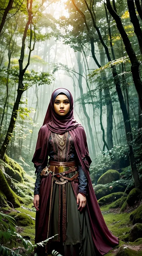 Craft a captivating photomanipulation with the Malay girl in hijab as the main character, set in a mystical and enchanted forest. Draw inspiration from scenes in fantasy classics like The Lord of the Rings, emphasizing magic and wonder.