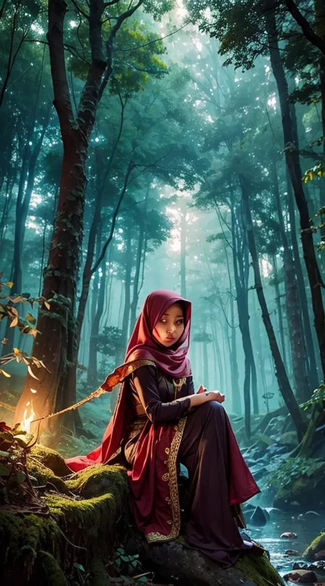 Craft a captivating photomanipulation with the Malay girl in hijab as the main character, set in a mystical and enchanted forest. Draw inspiration from scenes in fantasy classics like The Lord of the Rings, emphasizing magic and wonder.