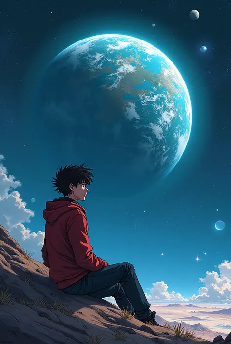 Animated cartoon of a person sitting on the ground and looking at the earth、Spike, the main character of Cowboy Bebop, Space Cowboy, cyber Space Cowboy, Inspired by Josan Gonzalez, Makoto Shinkai ( Apex Legends ), Akira art style, Lostland Style, Akira Vib...