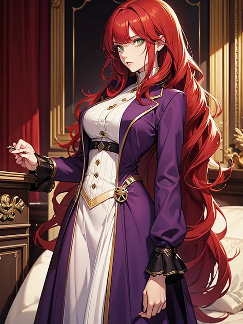 green eyes, red hair with long bangs, noble. sadistic women, wavy long hair. strong woman. background in luxury mansion. purple outfit. she quiet. wear jacket