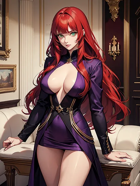 green eyes, red hair with long bangs, noble. sadistic women, wavy long hair. strong woman. background in luxury mansion. purple outfit. she quiet. wear jacket