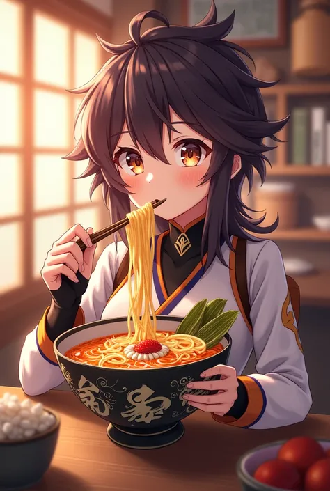 A Genshin Impact character eating kequing ramen


