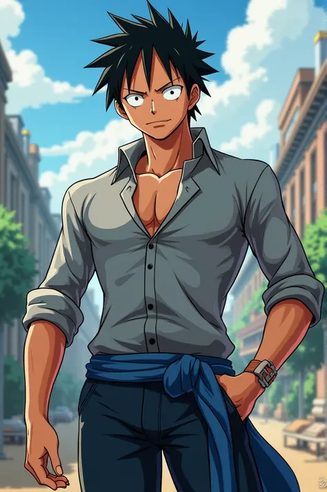 A one piece character with a gray shirt