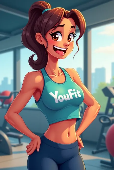 cartoon woman warming up at the gym with a shirt saying youfit