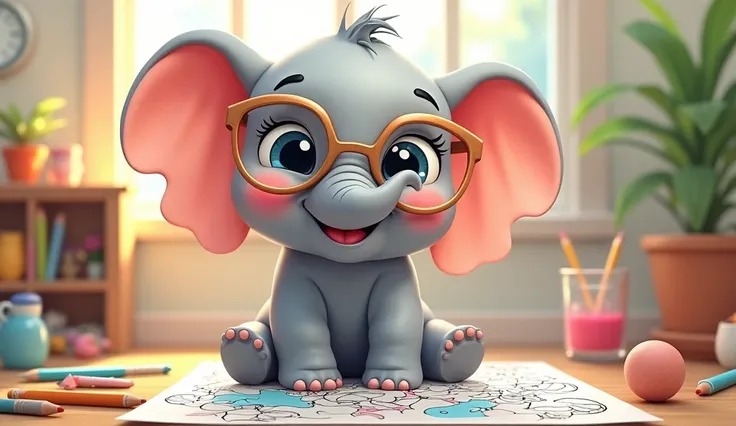 Baby elephant wearing glasses happy coloring page 