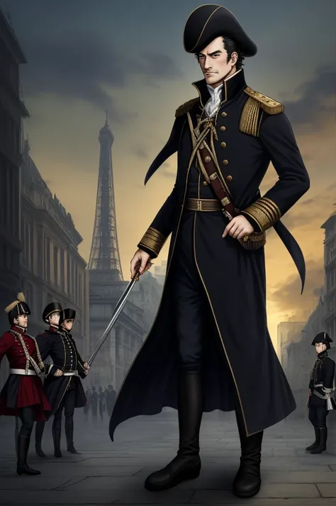 Highest quality, masterpiece, High resolution,，（Murat），French，French Revolutionary Soldier，Medals，marshal，（French cityscape_background），Middle-aged men，Anime Style, 4K, alone，whole body， looking at the camera, ，Brave，black_coat， Hyper Detail, (Intricate de...