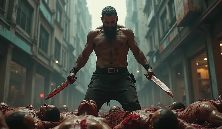 ultra reality, bearded man, short hair, a man standing on a pile of dead humans, holding knives in both hands, bloody hands, injured, some bruises, fighting, in the city, cinematic lighting