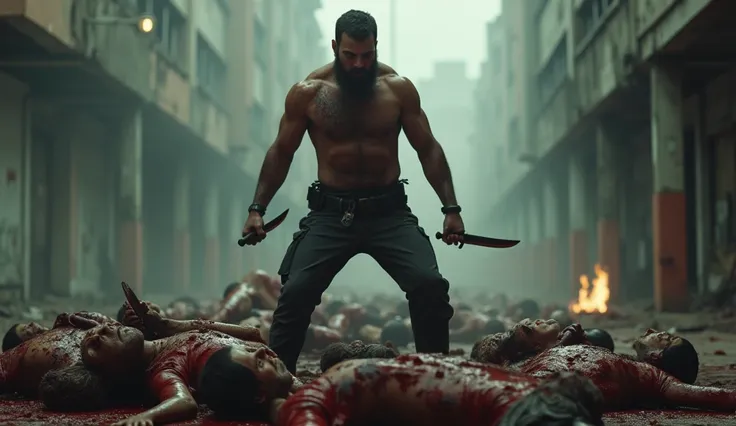 ultra reality, bearded man, short hair, a man standing on a pile of dead humans, holding knives in both hands, bloody hands, injured, some bruises, fighting, in the city, cinematic lighting