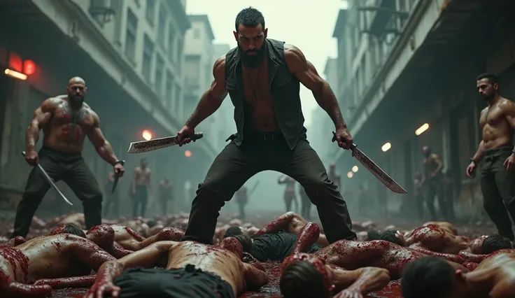 ultra reality, bearded man, short hair, a man standing on a pile of dead humans, holding knives in both hands, bloody hands, injured, some bruises, fighting, in the city, cinematic lighting