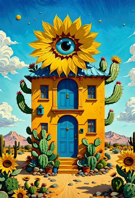 a painting of a cactus house，the painting shows a sunflower and a blue door, a surrealismist painting by justin gerard, winner o...