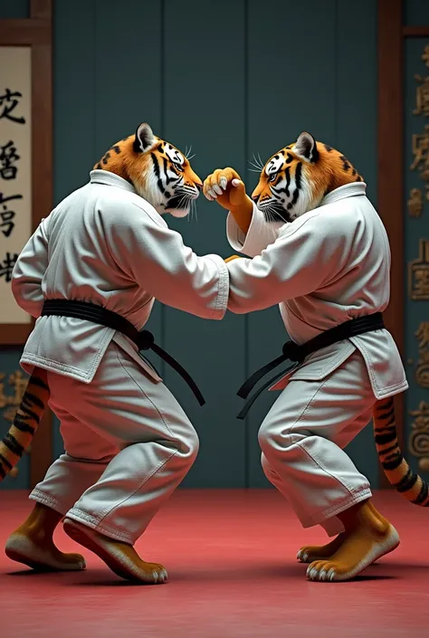 Crie uma imagem hiper-realista e vibrante de dois tigres em karate uniforms lutando um contra o outro em um dojo tradicional japonês. Both tigers must be dressed in gi (karate uniforms) white, with black belts tightly fitted around the waist. The gis must ...