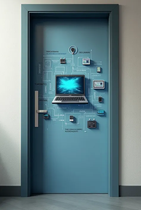 (photorealism:1.2) computer decoration on a door, with computer, some short phrases about computer science and things relevant to the topic