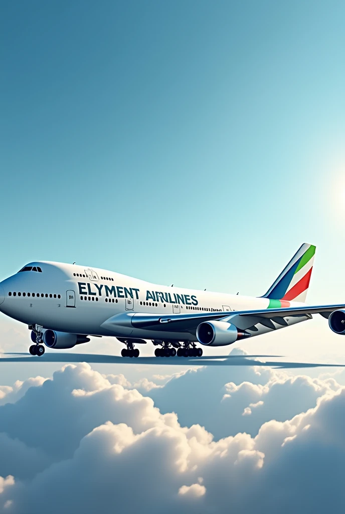 A Boeing 747 with the text “Elyment Airlines” on it and the tail is green blue and red 