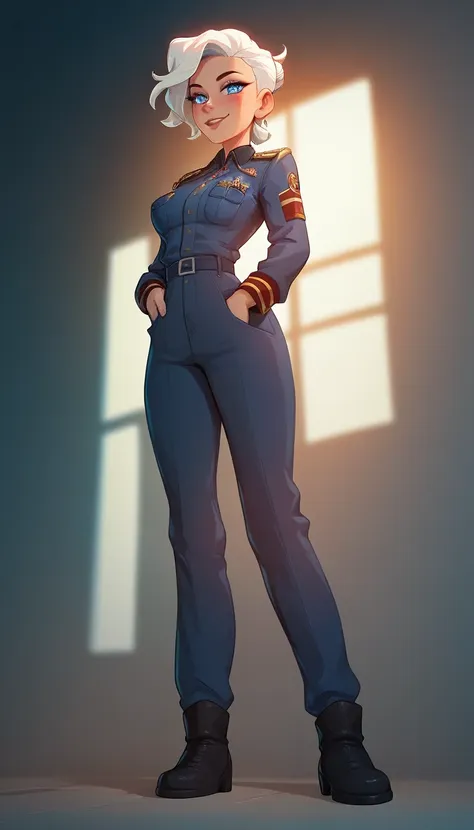 A full-body portrait of a beautiful young woman with white hair and light blue eyes. The image is viewed from a slightly low angle, showing her full figure in a modern military uniform. Her posture is strong and confident, with her cheeks subtly blushed, a...