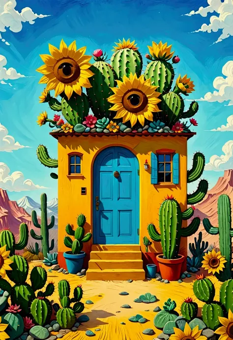 a painting of a cactus house，the painting shows a sunflower and a blue door, a surrealismist painting by justin gerard, winner o...