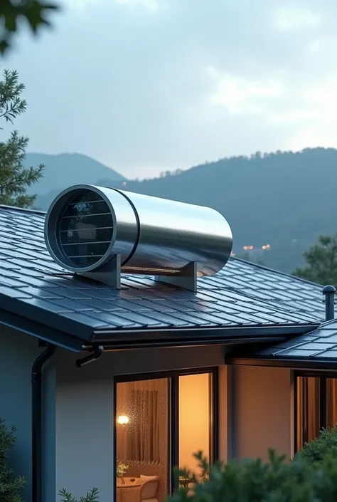 (photorealism1:2) water filter, installable in houses, innovative design, rainwater collector, installed on the roof of a house, duct system, medium-large size