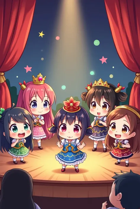 A group of people performing theater, in chibi anime style full body