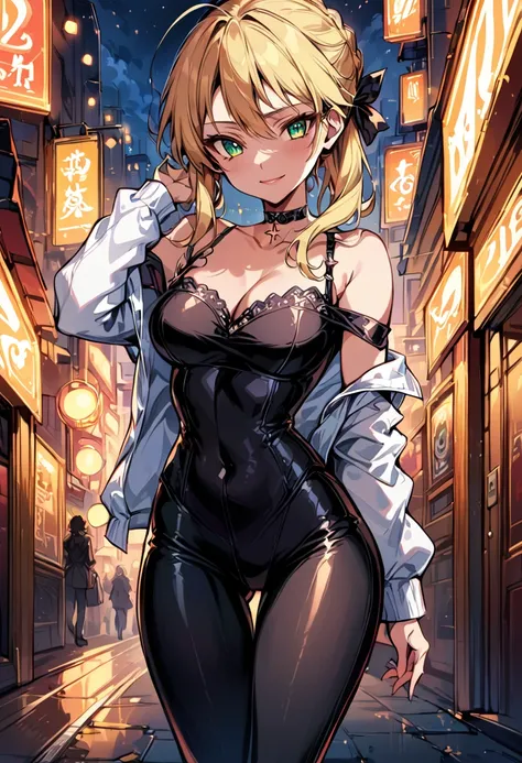 score_9, score_8_up, score_7_up, score_6_up, rating_safe, source_anime, BREAK beautiful Artoria Pendragon (blonde, braid, ribbon, hair ribbon:1.2), sexy smirk, BREAK tight pants, off the shoulder top, high heels, choker, BREAK walking in downtown Tokyo, ne...