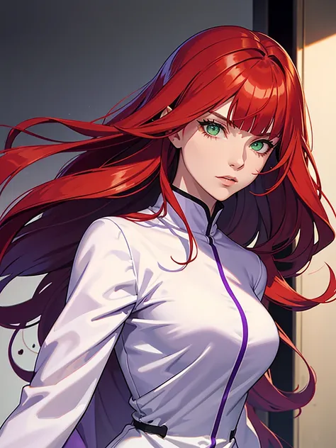 green eyes, red hair with long bangs, noble. sadistic women, wavy long hair. strong woman. purple outfit. she quiet. wear white jacket and purple t shirt