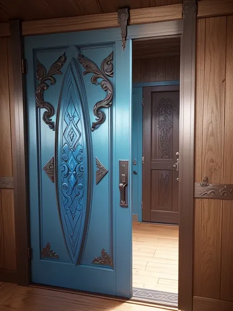 draw a viking style door),(the door has relief carvings),(the door has a cerulean color with metal details),(the door is seen from the front),(it has an intense luminosity),(the image has colors alive),