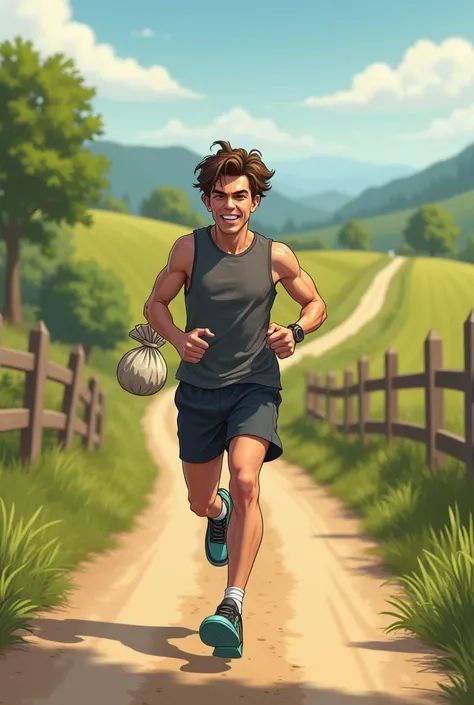 The boy jogging on the countryside road They may be holding a bag of money clutched in their hand. Humorous