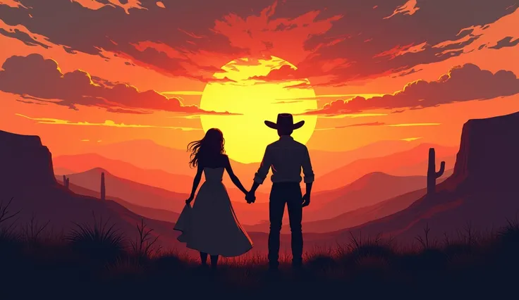 A man wearing a western hat and a woman hold hands in the western wilderness, sunset with a big sun, back perspective,
modern art