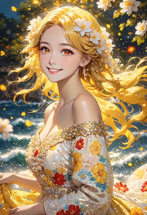 The image features a person with long, vibrant Yellow hair, red eyes ,cascading in waves. Their hair is adorned with small white flowers and decorative pearls. They are wearing a light-colored, off-shoulder dress with a floral and sequin pattern. The backg...