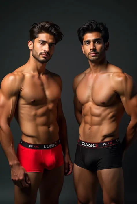 a 2 indian boy,male,black and red underwear,color lux classic company trunk underwear,one boy friend in same clothes,trunk underwear only,photorealistic,8k,highly detailed,hyperrealistic,cinematic lighting,chiaroscuro lighting,dramatic lighting,warm color ...