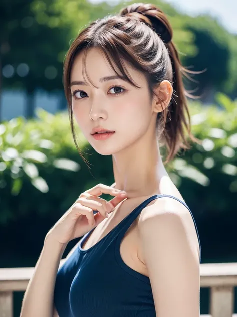 1womanl, Put your hair up to reveal a sexy nape or neck , Navy blue long dress, sleeveless 、mideum breasts, light brown hair, Blunt bangs, hair behind ear, hair over shoulder, Long hair, slender body shape, Ultra Fine Face, Thin face, Delicate lips, Beauti...