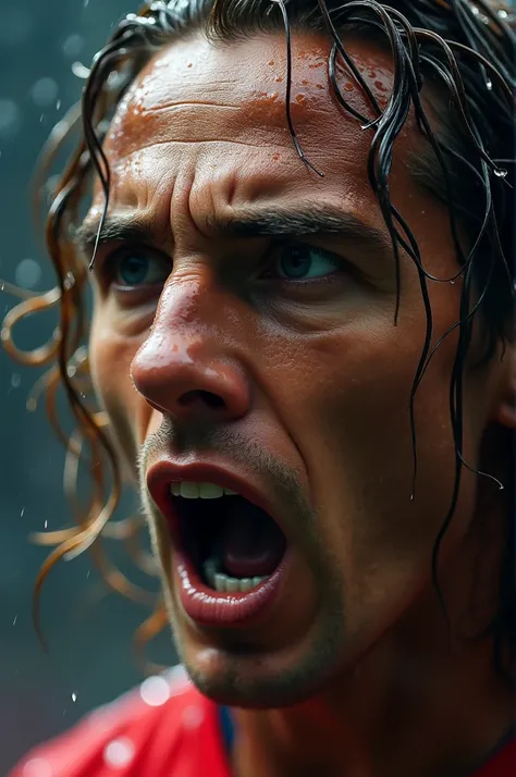 A stunning super close-up portrait in full color with intricate details (Luka Modric:1), (shocked expression), (raining, Water dripping from the face), (out of breath), (wet hair),
epic character composition,
von Ilya Kuvshinov, alessio albi, nina masic,
k...