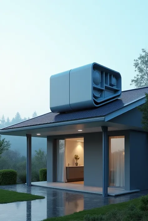 (photorealism1:2) water filter, installable in houses, innovative design, rainwater collector, installed on the roof of a house, duct system, medium-large size, connected to the drain