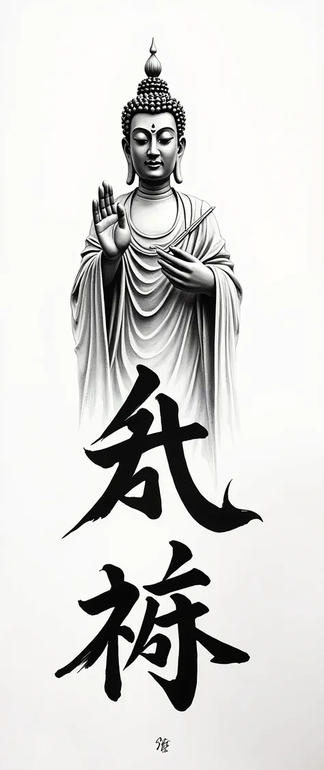 Written with a brush on white paper, /Buddhist statue/ The Chinese character for Buddha statue