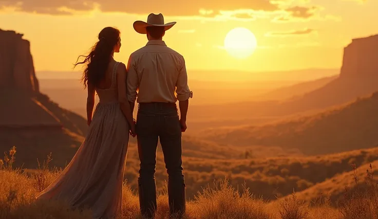 A man wearing a western hat and a woman hold hands in the western wilderness, sunset with a big sun, back perspective,
oil painting style