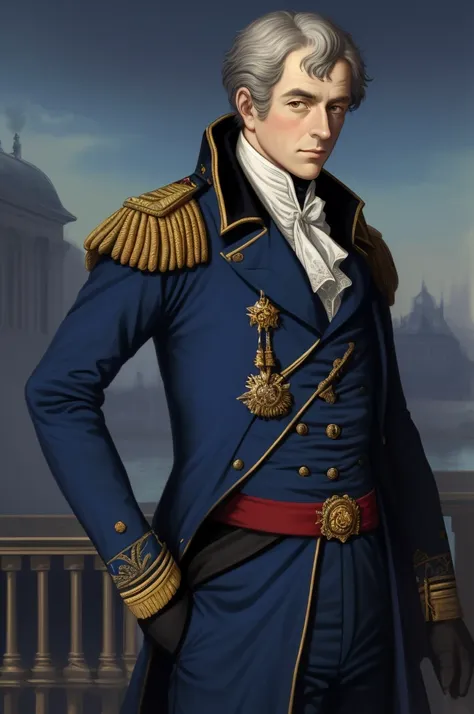 Highest quality, masterpiece, High resolution,，（Pierre-Antoine, Count Dupont of the Pond），French，French Revolutionary Soldier，Medals，marshal，（French cityscape_background），Middle-aged men，Anime Style, 4K, alone，whole body， looking at the camera, ，Brave，dark...