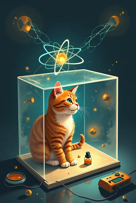 The illustration should depict the main components of the experiment. The cat inside the box, the box itself, which represents the sealed system, the radioactive substance and Geiger counter or detector, symbolizing the quantum aspect, the poison (typicall...