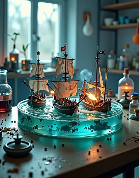 Laboratory bench where in the center is a petri dish and inside it there is a war between pirate ships and privateers. 真实感. 