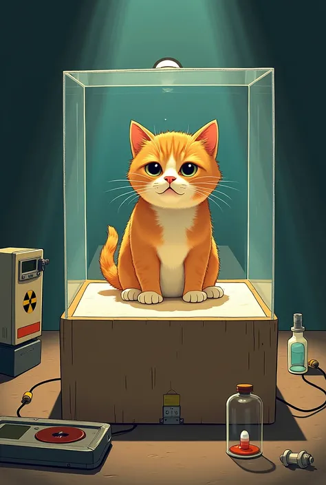 The illustration should depict the main components of the experiment. The cat inside the box, the box itself, which represents the sealed system, the radioactive substance and Geiger counter or detector, symbolizing the quantum aspect, the poison (typicall...