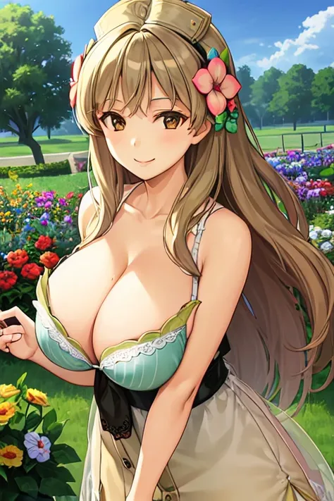  (1 girl), (smile), (Huge breasts:1.2), (Chest close-up), (Long Hair),  (Looking at the audience), (from before), (Hair Flower), (garden), (Pasture),(((large breasts))),((cleavage))