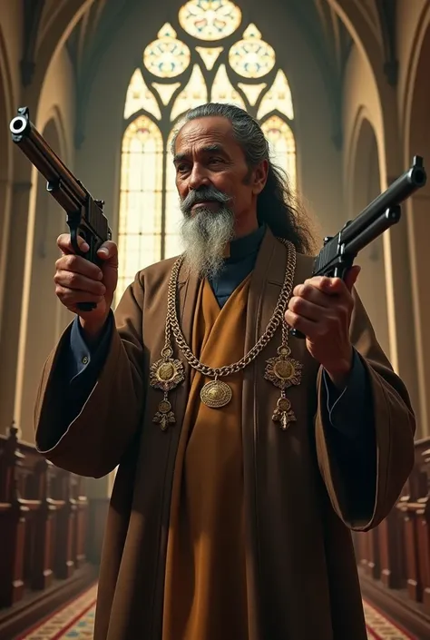 Kiccha suddeep as a old man wearing a ponytail in a church father robe firing guns full picture