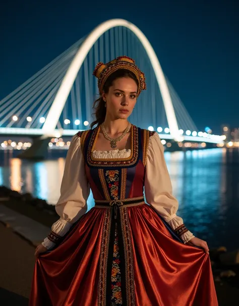 A Dutch woman wearing a traditional Dutch dress, posing in front of the Rotterdam Erasmus bridge in the night with the city lights in the background, panorama composition, masterpiece, photography quality