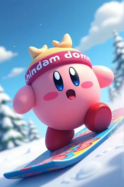 There&#39;s a cute snowboard and Kirby is riding it with a cute headband on and the headband has the phrase &quot;Shindam Dome&quot; written on it.